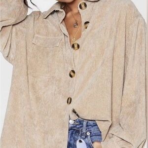 Nasty Gal beige Corduroy  Button Down Shirt size 6 tortoise shell buttons